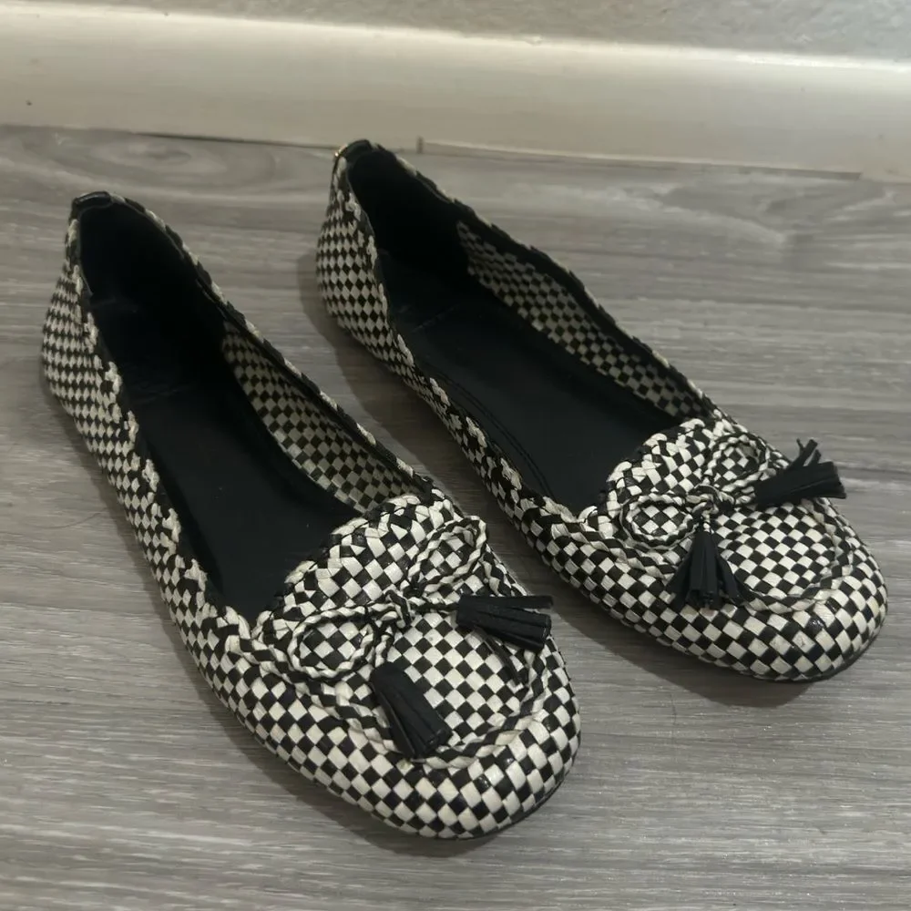 TORY BURCH Russell Black White Check Loafer Soft Leather Flats
